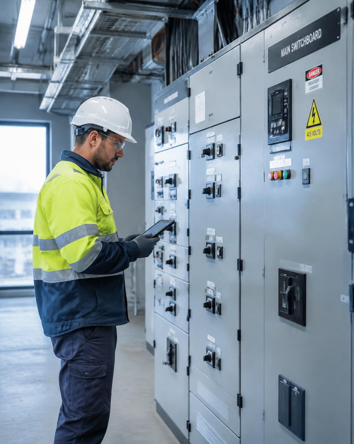 Electrician inspecting a main switchboard in a commercial plant room