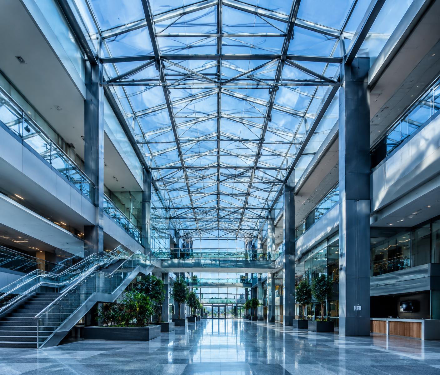 Light-filled atrium of a modern commercial building